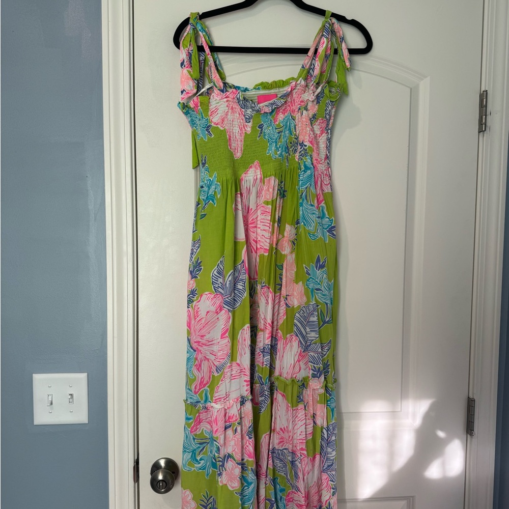 Lilly Pulitzer Lime Green Midi Dress with Pink & Blue Floral Print